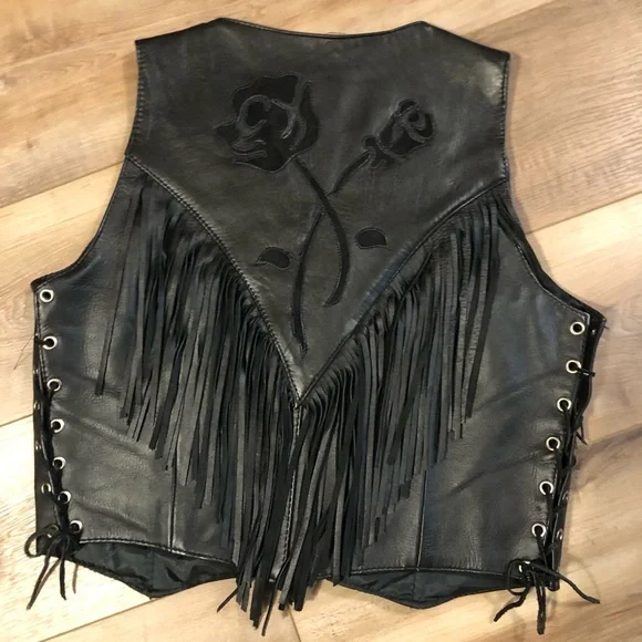 Hyde Out Black Fringe Leather Tie at Side Suede Roses Vest Size M - Picture 2 of 10